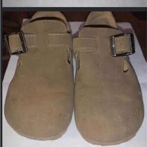 Tan Suede Clogs with Buckle